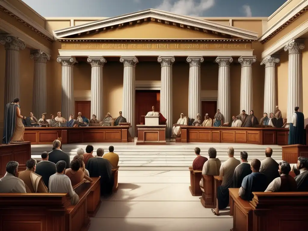 Tribunal griego en la Polis, con columnas de mármol y entrada grandiosa Justicia en la Polis griega: majestuoso tribunal, columnas de mármol, jueces en togas, debates intensos