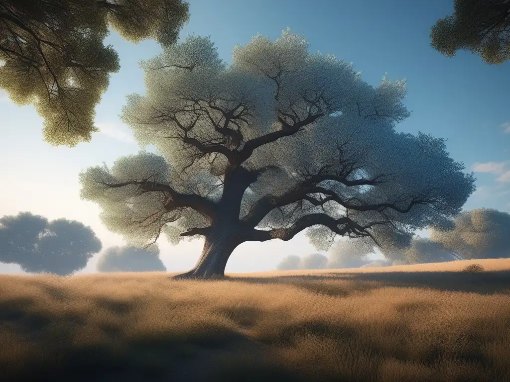 Paisaje expansivo con cielo azul, árbol solitario y significado del ser en Parménides