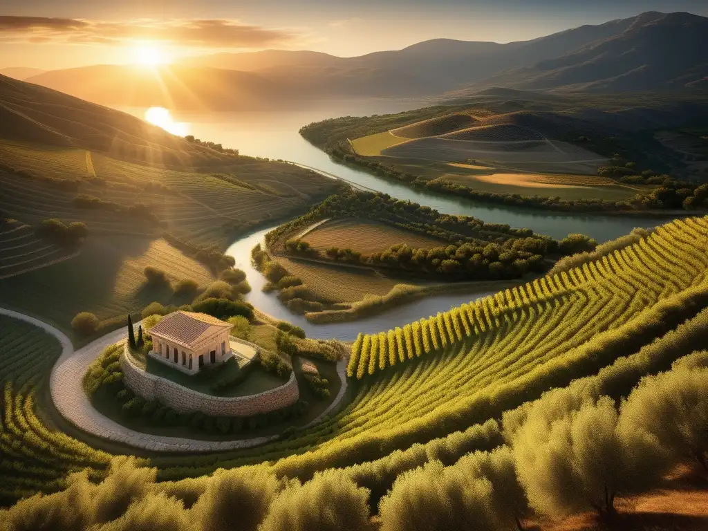 Paisaje sereno y detallado de la antigua Grecia en Peloponeso, con ríos, ruinas y olivos