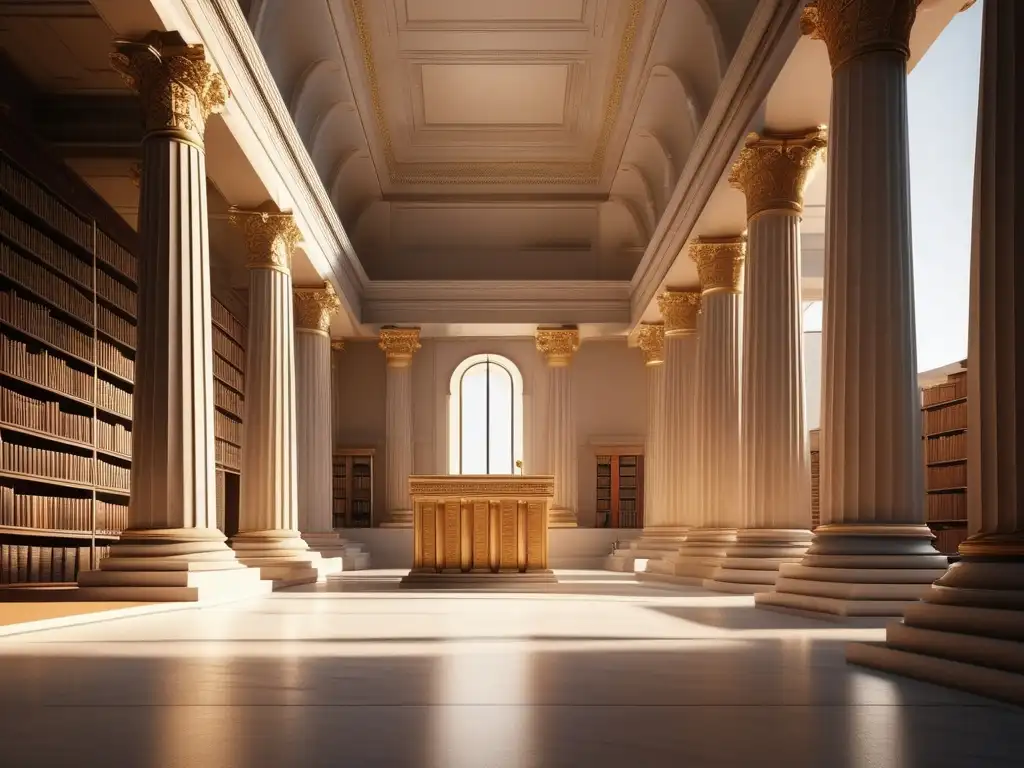 Biblioteca griega antigua iluminada por el sol, con columnas de mármol y un libro de Aristóteles 