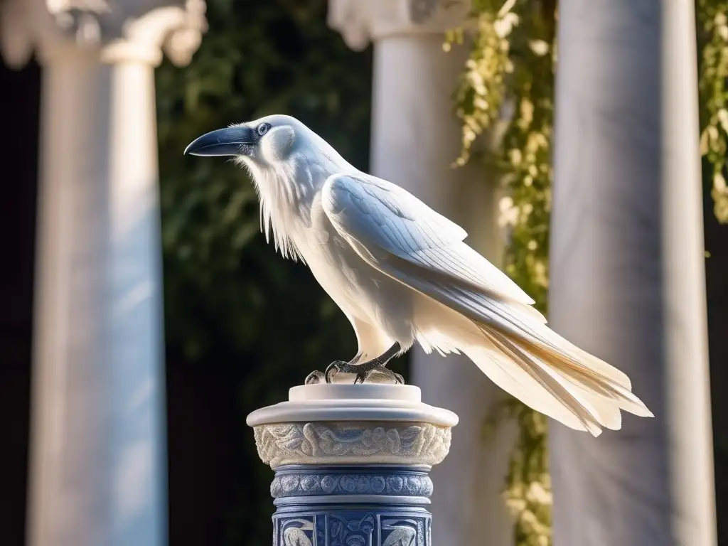 Leyenda Cuervo Blanco Apolo: majestuoso cuervo blanco en patio soleado, con detalles de plumas y ojos azules, sobre pilar de mitología griega