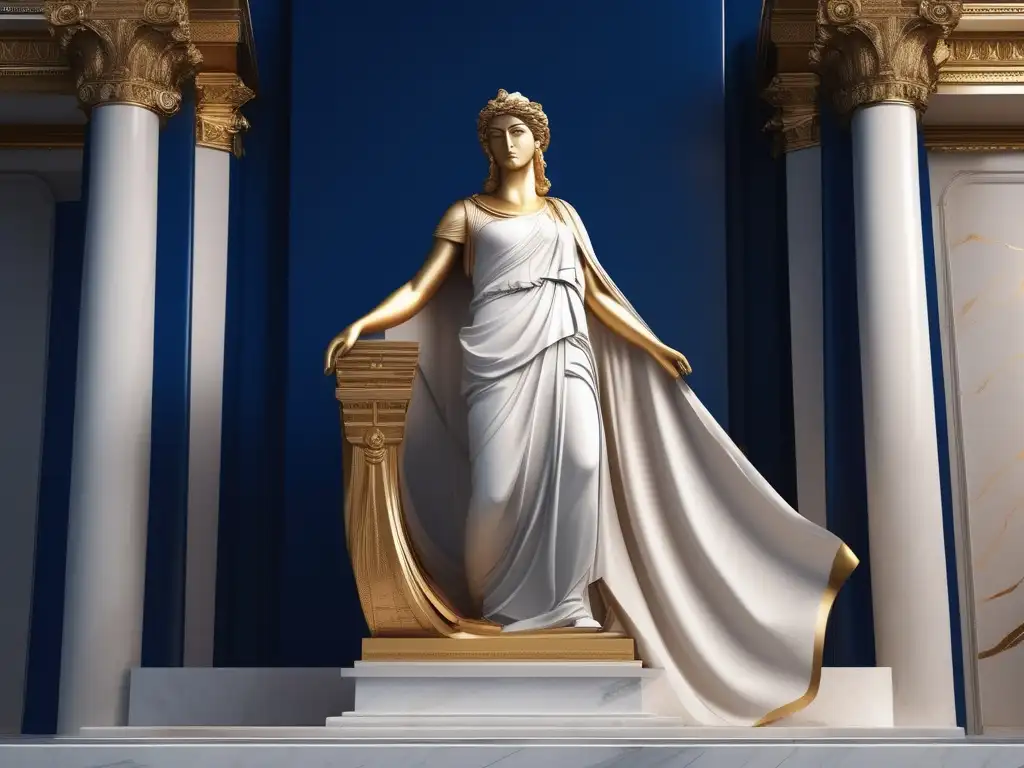 Influencia moda vestimenta griega, escena fotorealista con estatua de diosa, himation azul y dorado, paisaje griego sereno