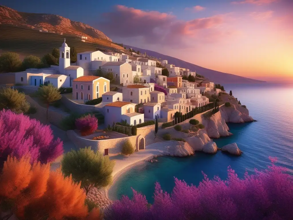 Paisaje mediterráneo al atardecer: beneficios dieta mediterránea Antigua Grecia