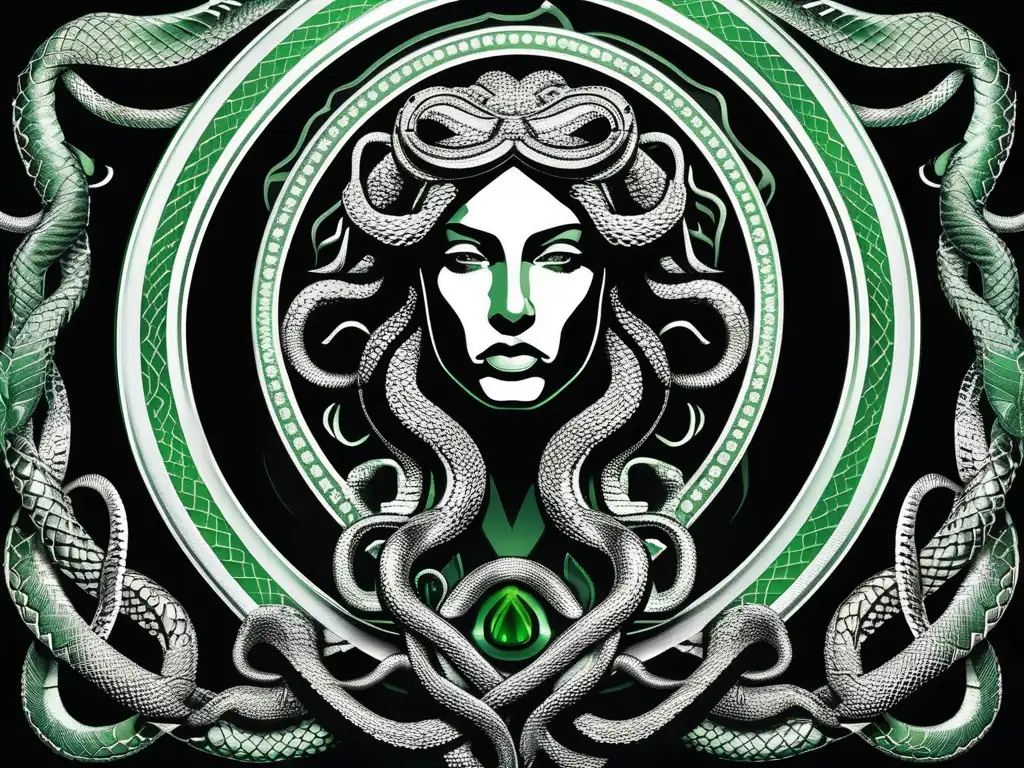 Medusa: historia y transformación - Rostro fotorealista y minimalista de Medusa, con su icónico cabello de serpientes retorcido y silbante