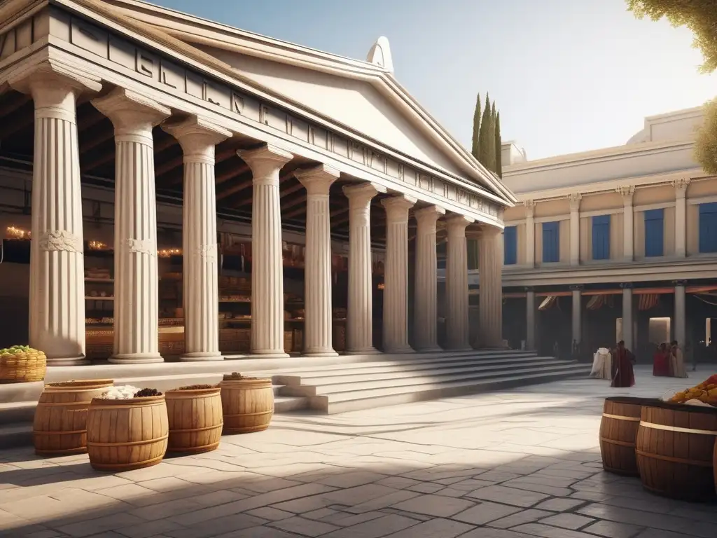 Mercado griego antiguo vibrante y detallado Escena comercial en la antigua Grecia: transacciones comerciales en Grecia antigua con mercaderes, productos y arquitectura