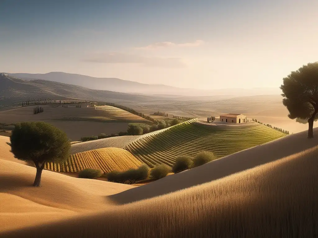 Diversificación Económica en la Antigua Grecia: Escena minimalista del campo griego, con artesanos y paisaje verde