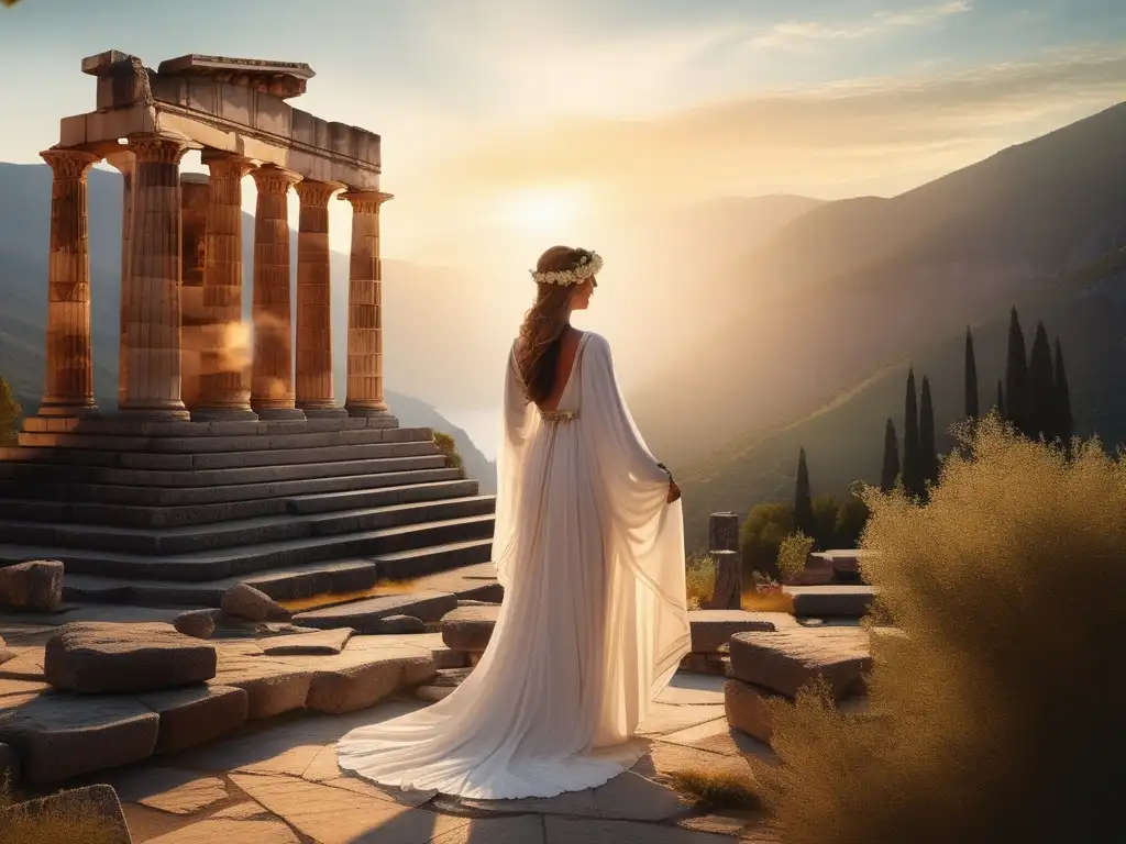 Rol mujeres en oráculos griegos: Imagen mujer frente al majestuoso Templo de Apolo en Delfos, con laurel sagrado, vestida de blanco y cabello largo