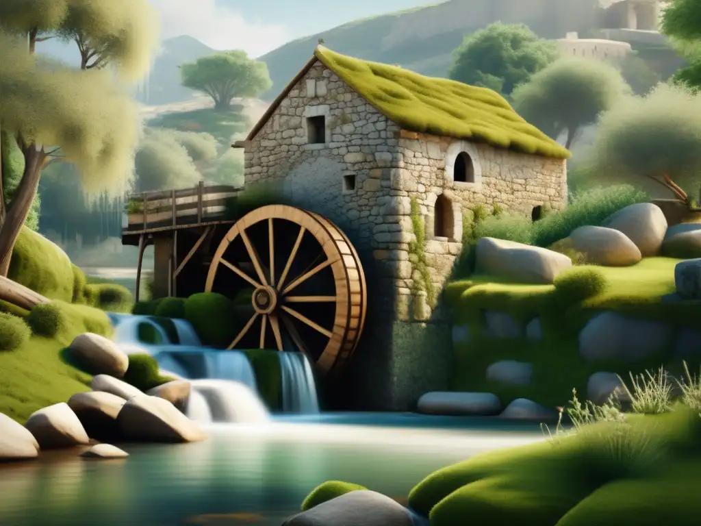 Pintoresco paisaje fluvial en Grecia con molino de agua Paisaje de río en Grecia con molino de agua: hidráulica y molienda