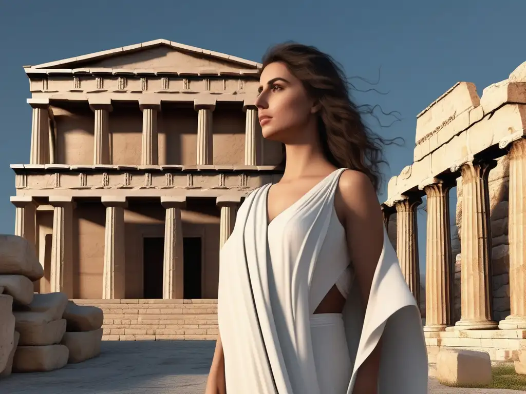 Vestimentas tradicionales de la Antigua Grecia en imagen de mujer con toga y himation en ruinas griegas