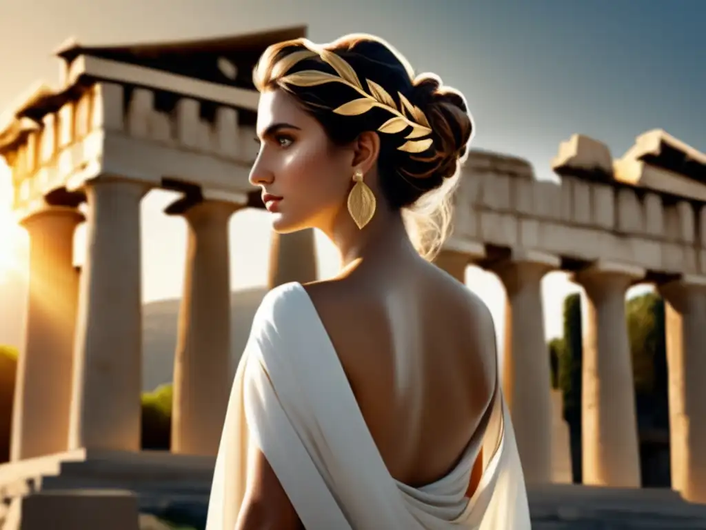 Vestimentas tradicionales de la Antigua Grecia, mujer griega con toga blanca contra ruinas antiguas
