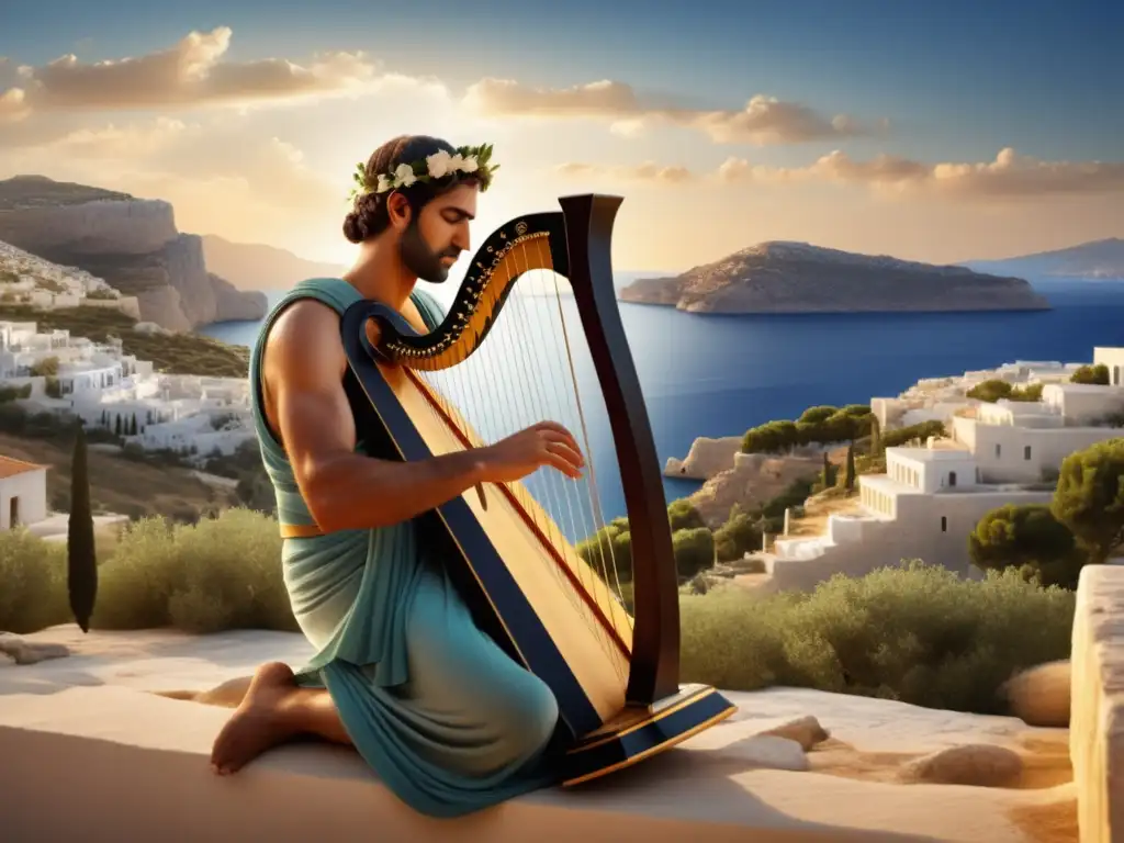 Música y mitología griega: Lyre player, paisaje sereno, Apolo, musas y poder atemporal (110 caracteres)