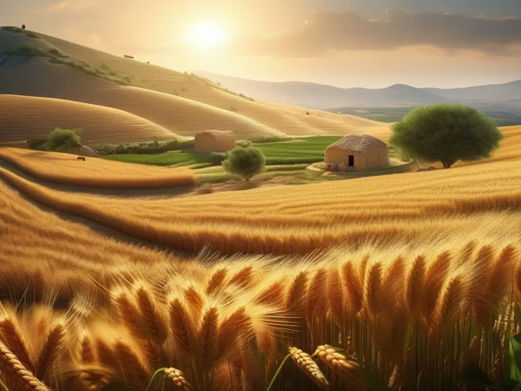 Influencia Neolítico Grecia: Escena idílica campo griego, labradores Neolíticos cuidando cosechas, río cristalino, naturaleza armoniosa