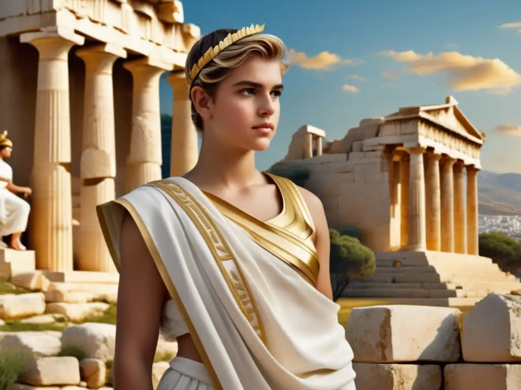 Vestimenta infantil en la Antigua Grecia - Niño con toga de lino blanco, bordada en oro, mirando con confianza hacia el espectador