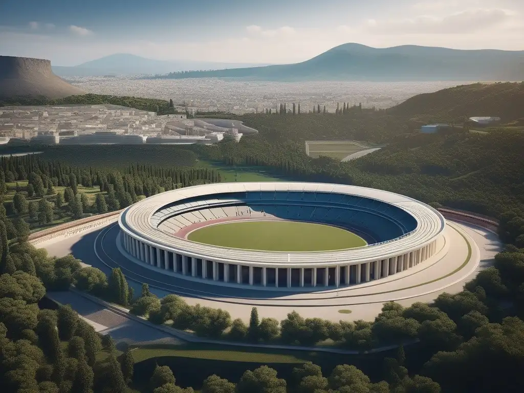 Importancia educación Antigua Grecia: Serena imagen 8k muestra estadio olímpico rodeado de naturaleza y montañas majestuosas