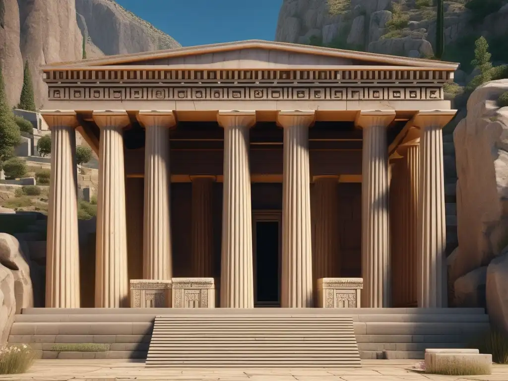 Vida cotidiana en la Antigua Grecia: El Oráculo de Delfos, un paisaje sereno y misterioso con el templo, la montaña y la figura enigmática