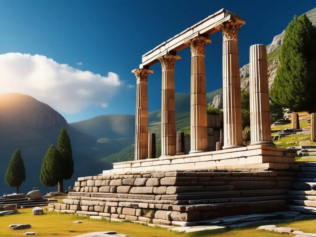 Importancia del oráculo de Delfos: Imagen 8K detallada del Templo de Apolo en Delphi, Grecia, con la Pythia en trance