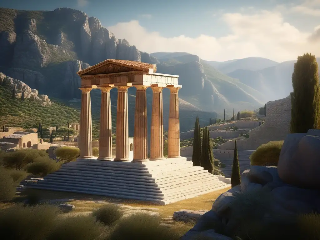 Importancia de oráculos en Grecia: imagen detallada de escena antigua con Delphi Oracle, montañas, sibilas, objetos místicos