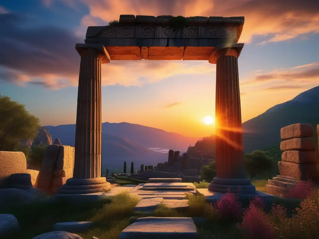 Ruinas antiguas del Oráculo de Delfos con serpiente simbólica en la mitología griega