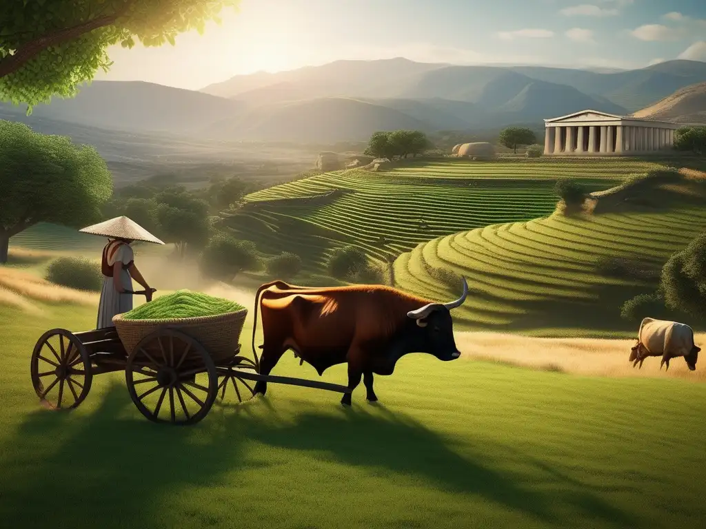 Herramientas agrícolas antiguas Grecia en paisaje griego, con granjas y labranza, en imagen 8k ultradetallada