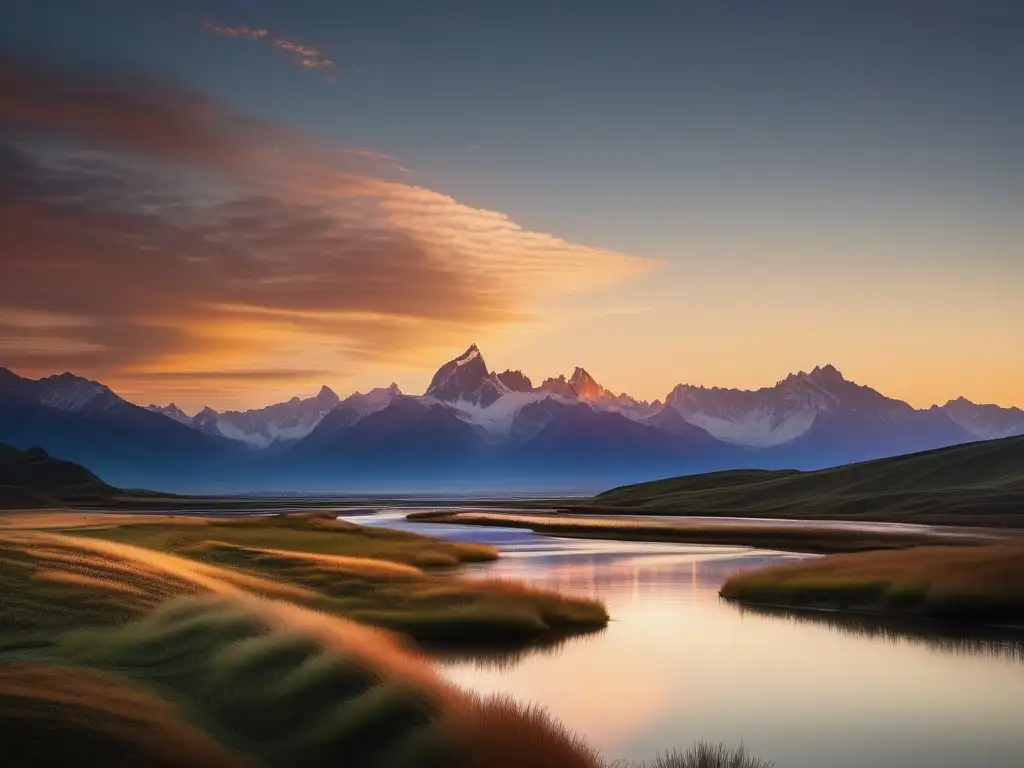 Paisaje sereno al atardecer, montañas nevadas, río tranquilo