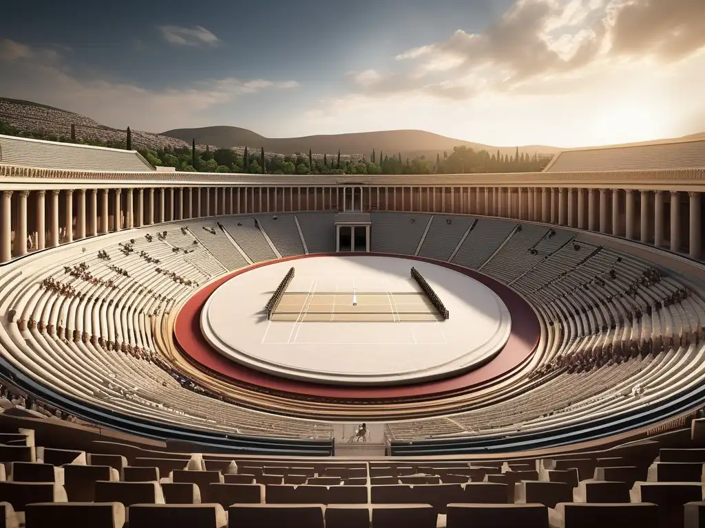 Música en Juegos Panatenaicos: Escena detallada de músicos griegos tocando instrumentos antiguos en el estadio