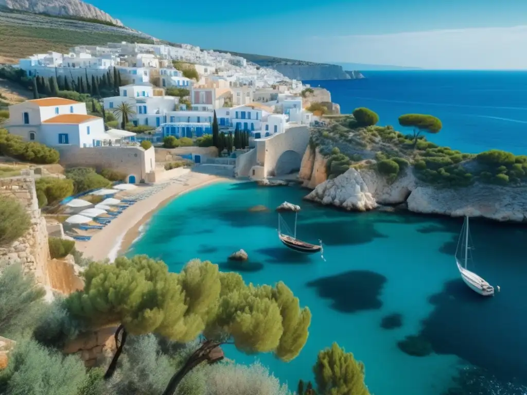 Tácticas de comercio antiguo en Grecia: paisaje costero de Grecia con mar azul, acantilados, playa, pueblo pesquero, casas blancas y olivos