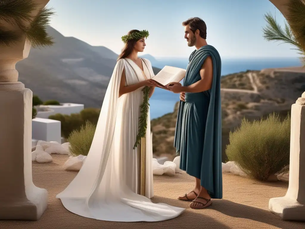 Pareja griega antigua en paisaje sereno Vida conyugal en la Antigua Grecia: Perspectivas y costumbres