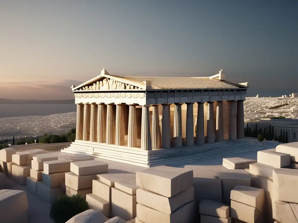 Influencia matemática griega en arquitectura monumental: Parthenon, templo majestuoso y detallado en imagen 8K, muestra belleza atemporal