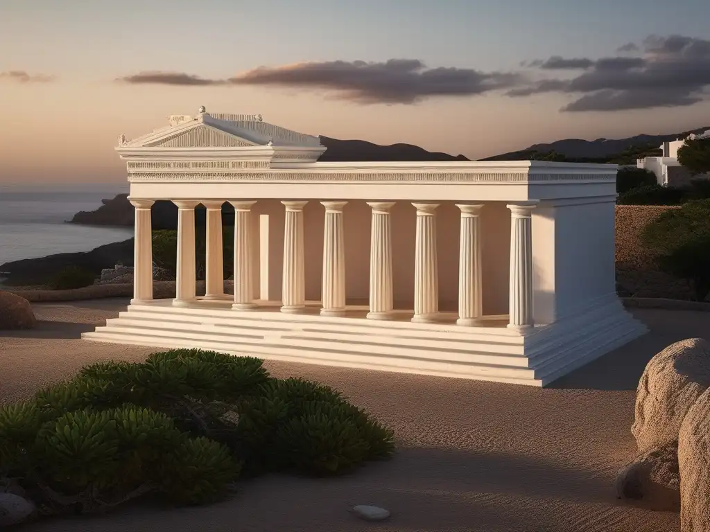 Influencia fenicia en Grecia: Paisaje costero con templo solitario en atardecer, detalle arquitectónico y conexión antigua