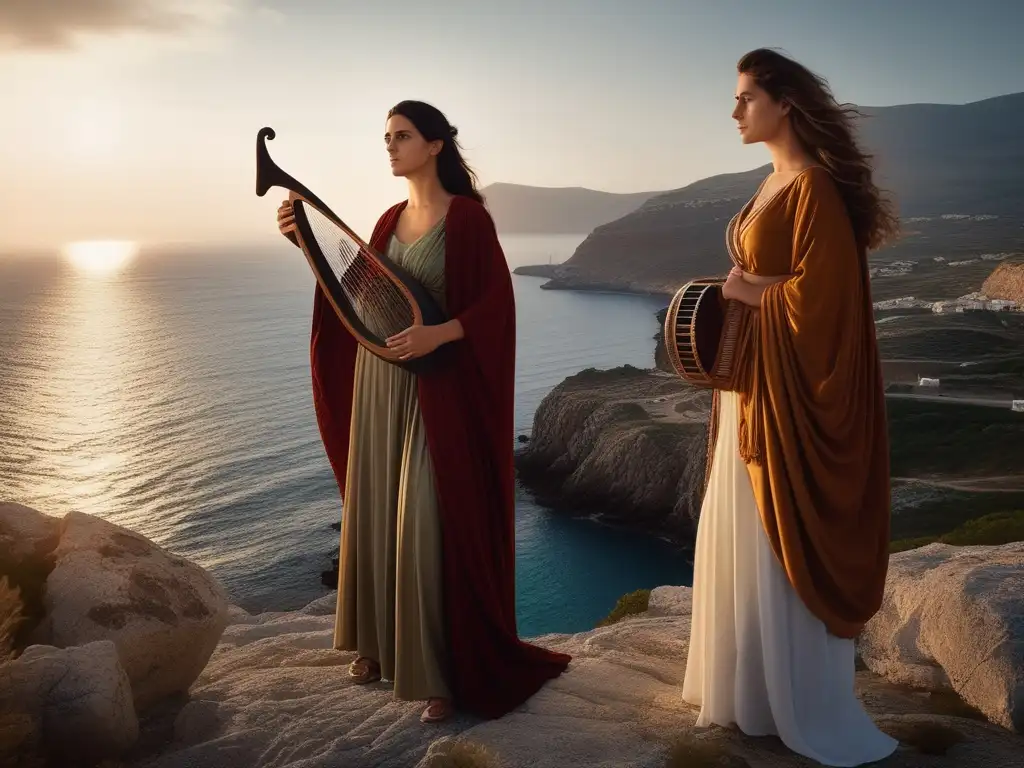 Mujeres heroínas de la antigua Grecia en una imagen ultrarrealista de Safo, Corina y Cleobulina en una costa rocosa al atardecer