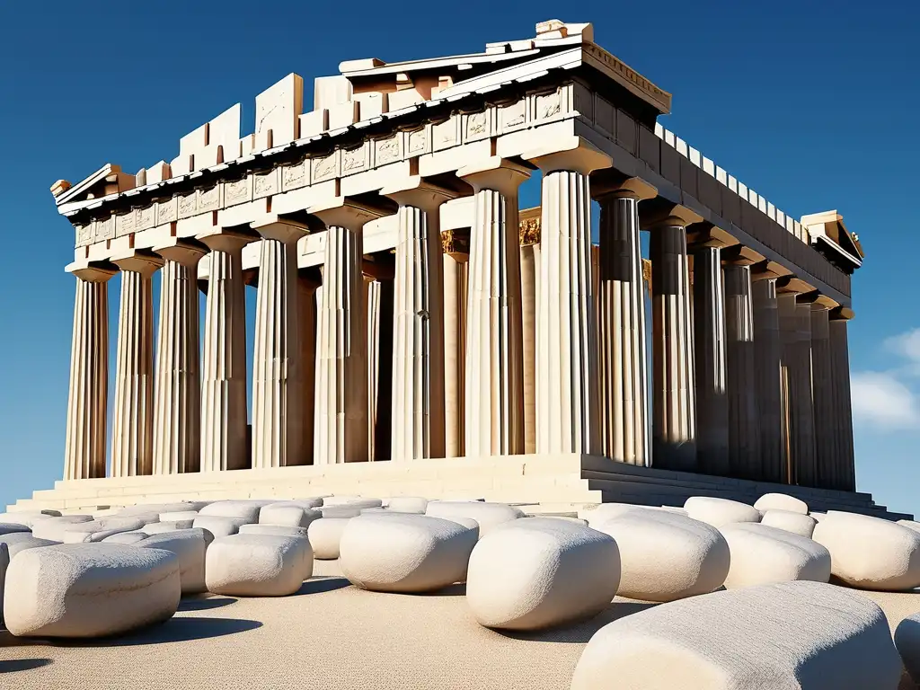 Reconstrucción de Atenas tras Guerras Médicas: Parthenon, símbolo de grandeza ateniense, con detalles magníficos y estilo minimalista