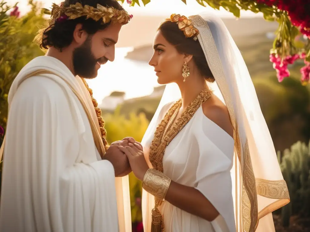 Costumbres matrimoniales Antigua Grecia: Novios griegos en un jardín vibrante con un templo antiguo al fondo