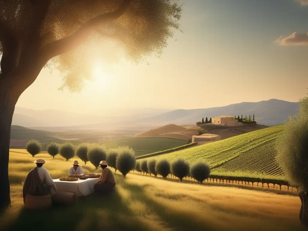 Paisaje rural en la Grecia Helenística: Vida cotidiana con agricultores en campos verdes y soleados