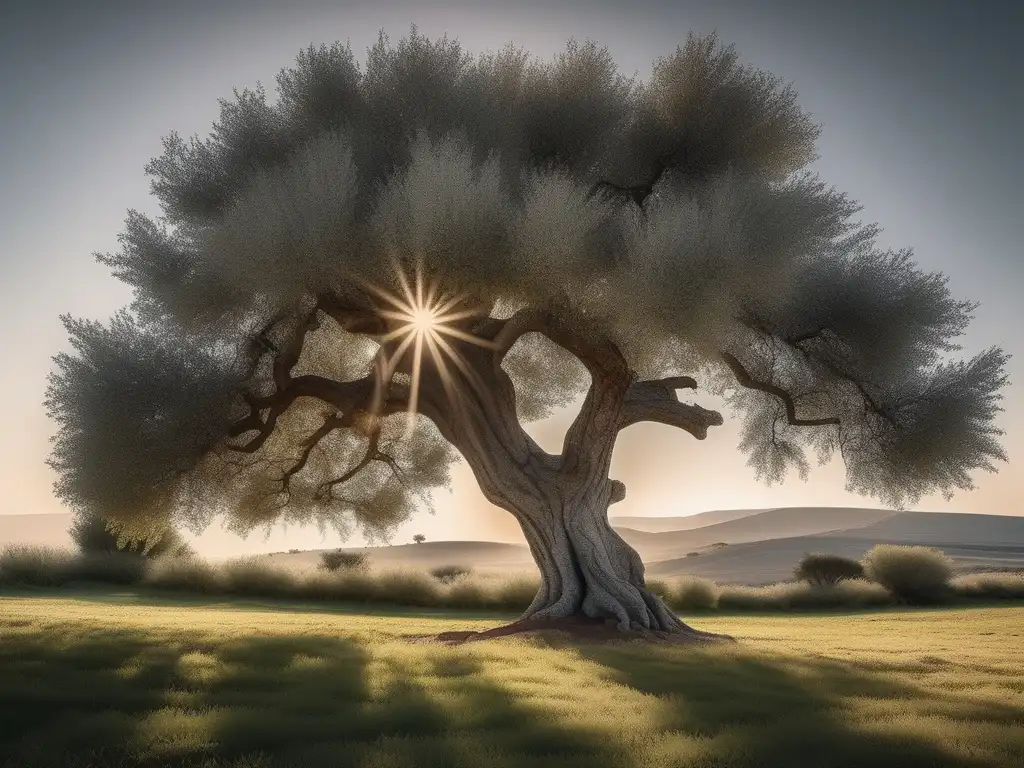 Olivo sagrado en Grecia: árbol majestuoso, sereno y lleno de sabiduría, con hojas verdes y tronco plateado, evoca tranquilidad y conexión divina