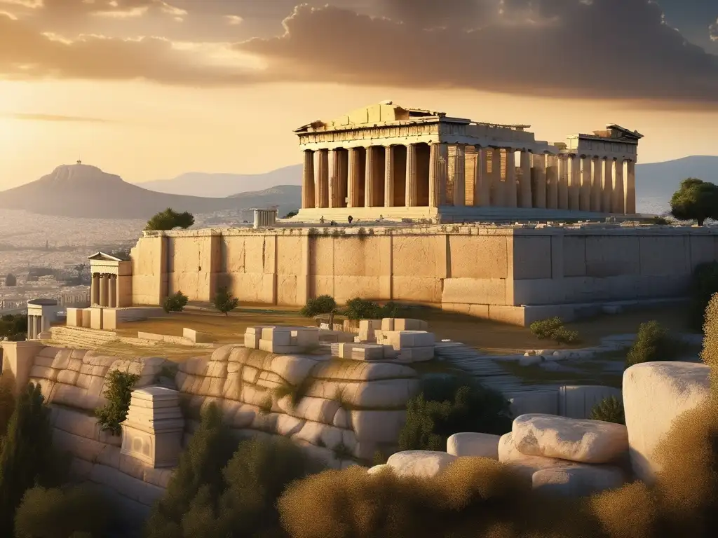 Influencia de Aspasia en Pericles: Imagen impresionante de la antigua Atenas, con el Acropolis y el Parthenon destacando en un ambiente cálido y dorado