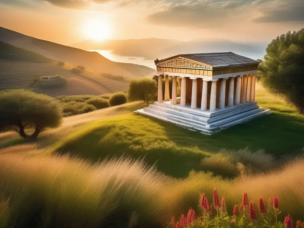 Rituales de fertilidad en la Antigua Grecia: paisaje sereno con templo, naturaleza exuberante y rayos de sol