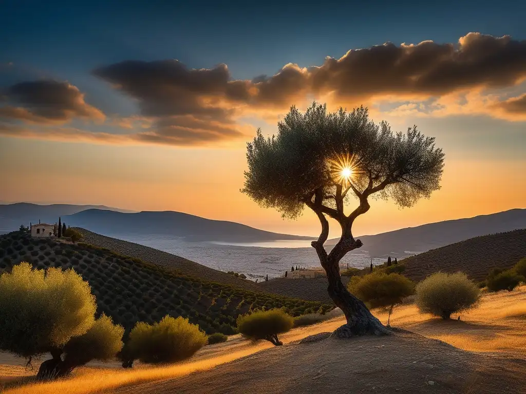 Paisaje griego al atardecer, con un solitario olivo, colinas, mar y un cielo cálido