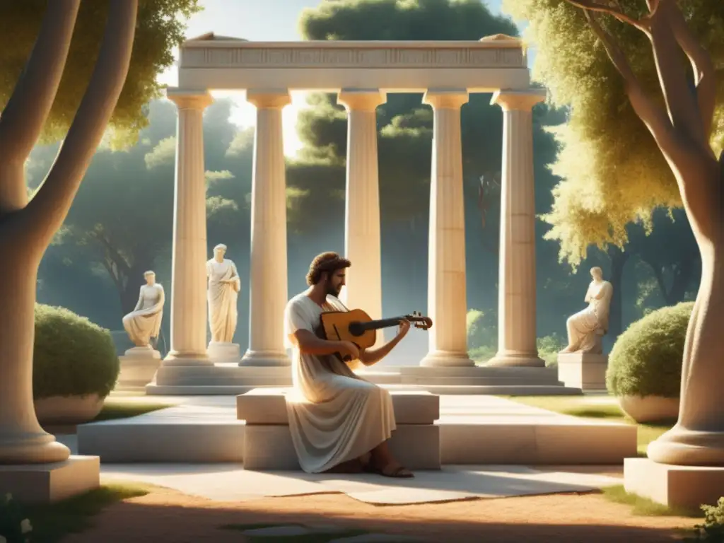 Músicos en Grecia Antigua: escena serena con músico tocando arpa en jardín con columnas y estatuas