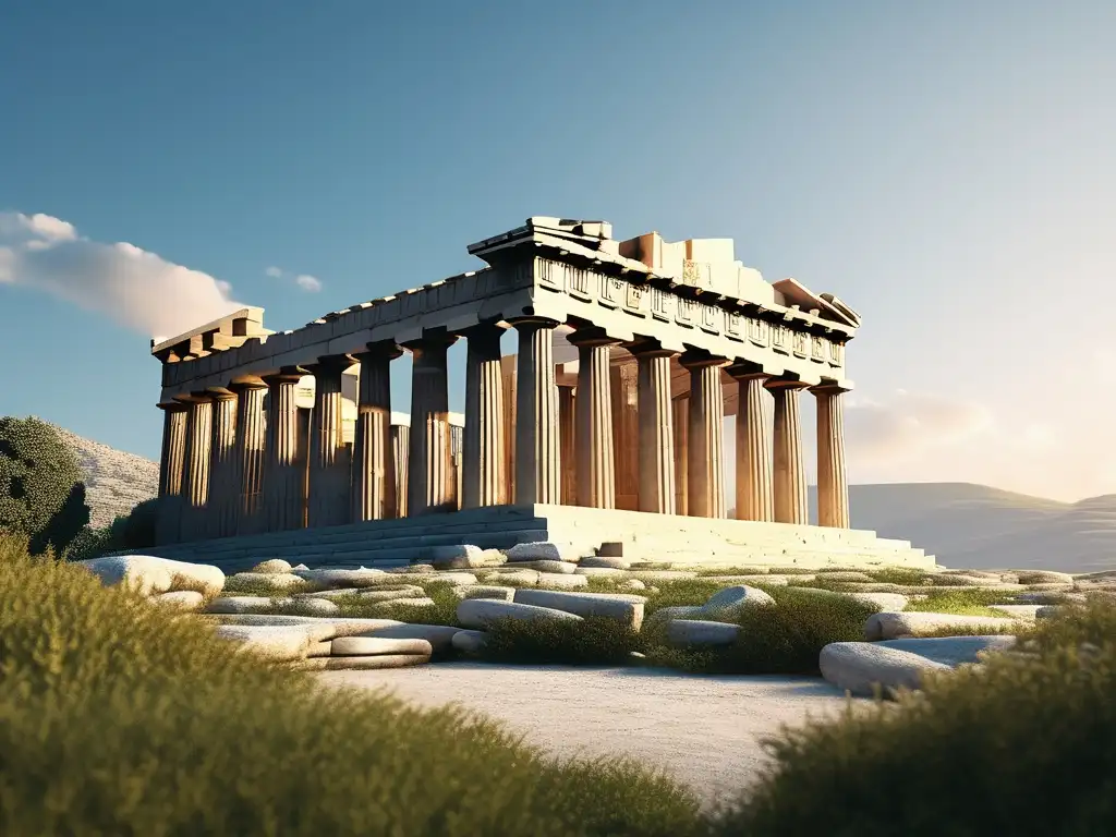 Concepto de derechos animales en la Antigua Grecia: paisaje sereno con ruinas del Parthenon