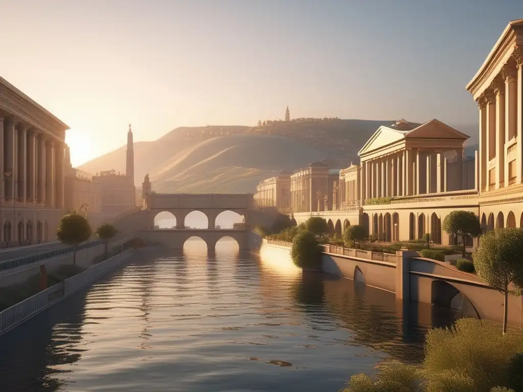 Utopía en la República de Platón: paisaje sereno con ciudad pintoresca, mar tranquilo y estructura majestuosa