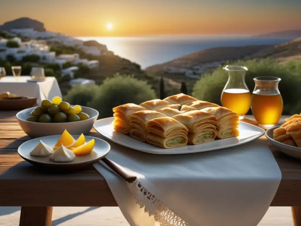 Recetas tradicionales de fiestas en honor a Afrodita: mesa griega al atardecer con baklava, pulpo a la parrilla y ponche de granada