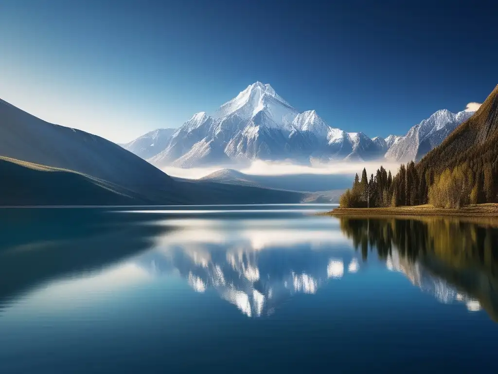 Paisaje sereno y etéreo con lago reflejando montañas nevadas - Filosofía Elea: ser inmutable