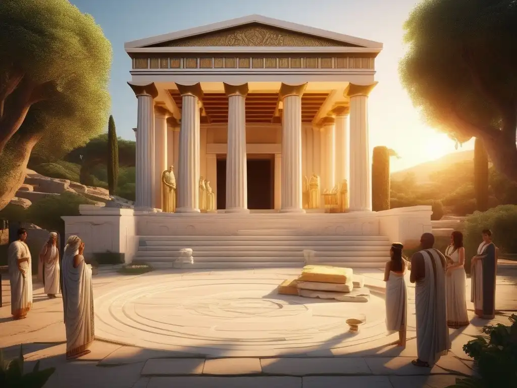 Ritos de purificación en Grecia Antigua: escena serena en el Templo de Eleusis, con templo y naturaleza exuberante, bañado por la luz dorada