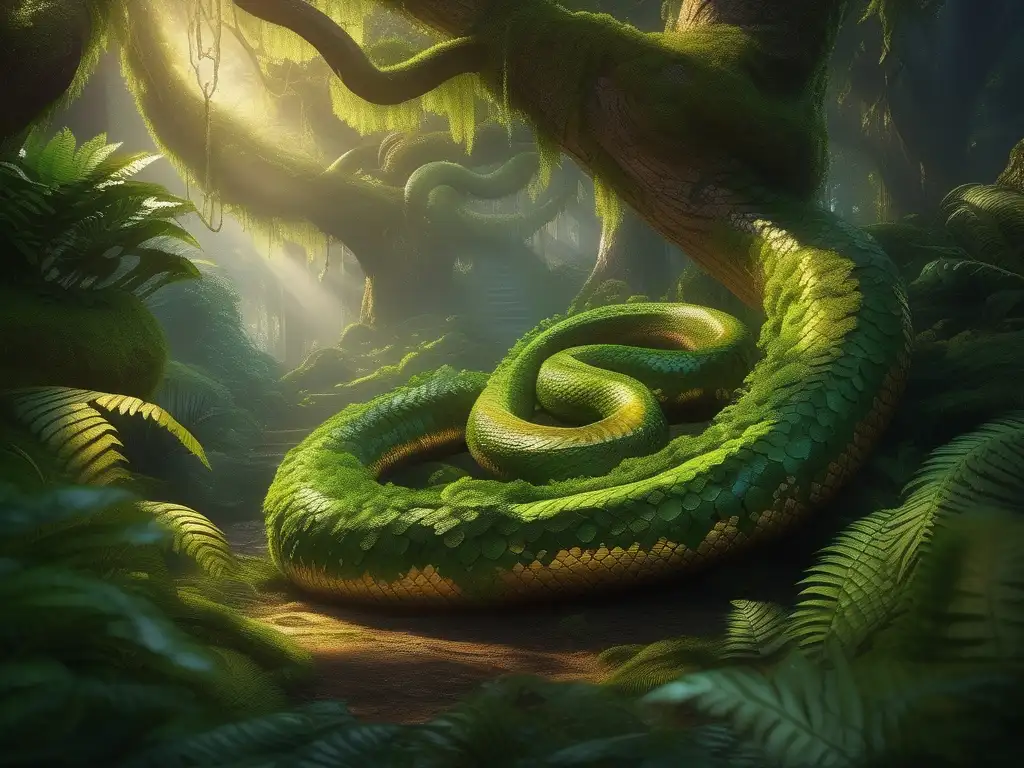 Bosque exuberante con serpiente mitológica, simbolismo griego