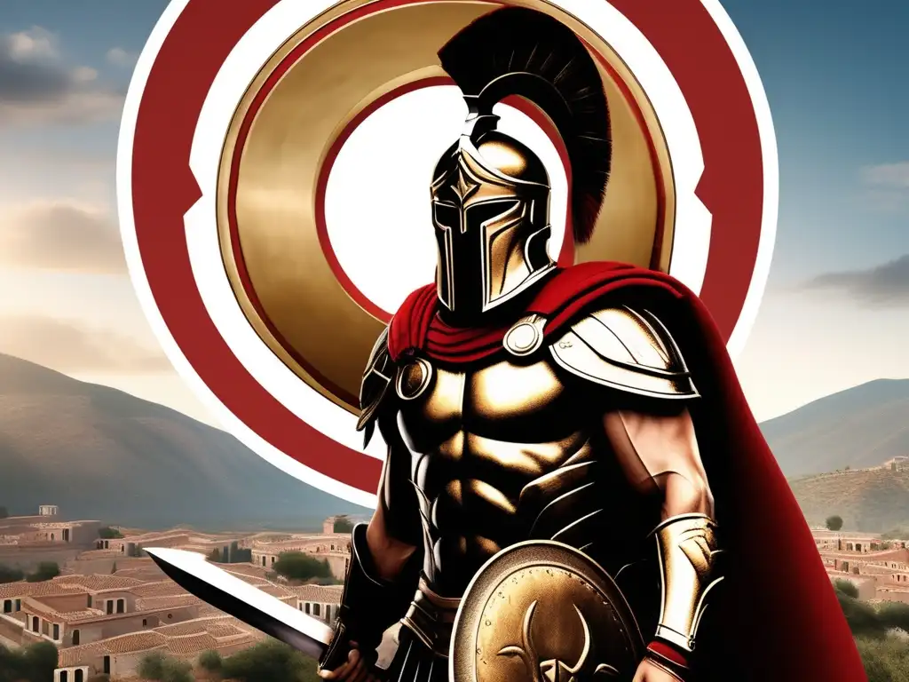 Spartan warrior in full bronze armor, holding shield, with Sparta's panoramic view - Importancia del sistema militar de Esparta