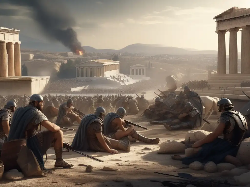 Consecuencias humanas de la guerra en la antigua Grecia: soldados agotados, ciudad en ruinas y el costo de la guerra