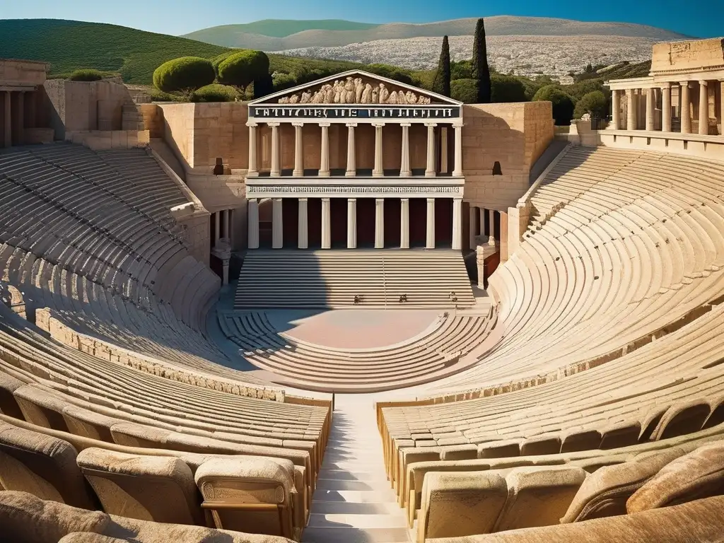 Importancia del teatro griego en la filosofía occidental: escena impactante que captura la esencia teatral, sus actores, arquitectura y espectadores