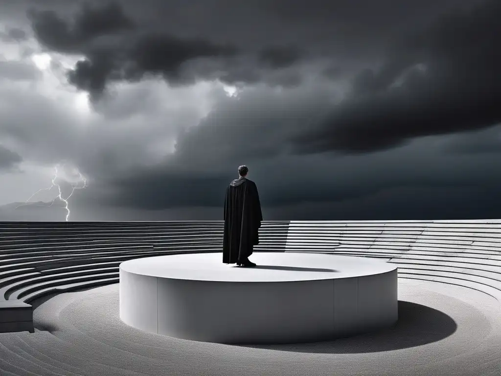 Figura solitaria en escenario griego, simbolizando la influencia de la tragedia en la literatura contemporánea