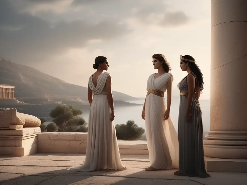 Representación mujeres antigua Grecia: Medea, Antigone y Electra, poderosas y trágicas, en una imagen fotorealista y minimalista