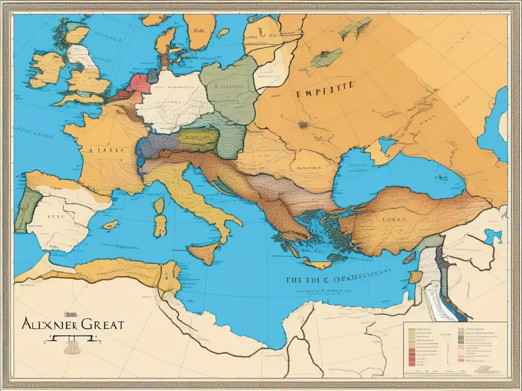 Mapa detallado del imperio de Alejandro Magno y su influencia en la filosofía helenística y el cosmos